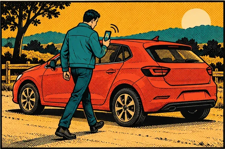 Panel 1: Walking around a parked car holding the phone