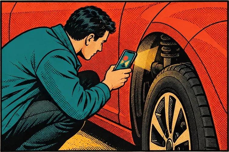 Panel 2: Holding the phone inside a wheel arch