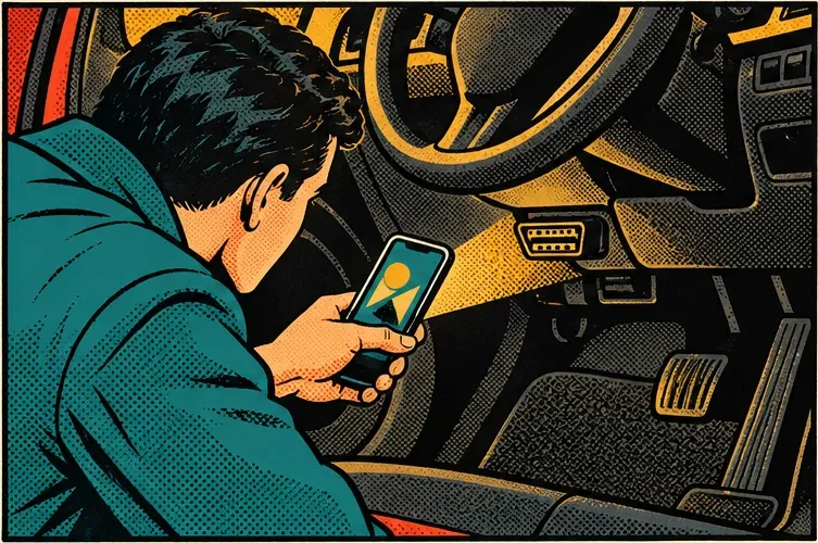 Panel 3: Shining the flashlight at the OBD port under the steering wheel