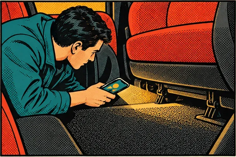 Panel 4: Looking under the front seat with the flashlight