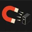 A horseshoe magnet pulling a small black box