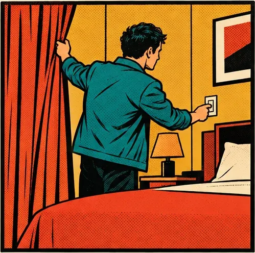 Panel 1: Closing the curtains and switching off the light