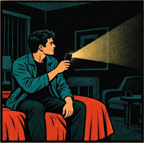 Panel 2: Sweeping a phone flashlight across the dark room from the bed