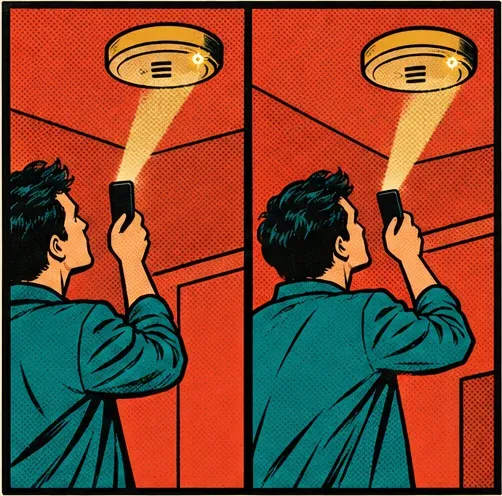 Panel 3: A glint on the smoke detector stays in place after a step to the side