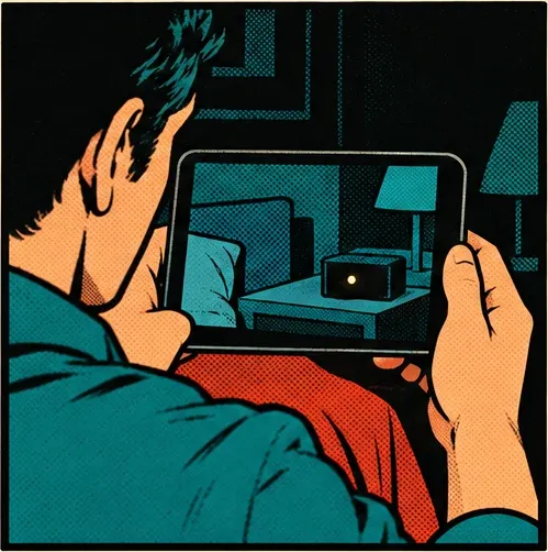 Panel 4: The phone screen shows a glowing dot on a bedside clock in the dark