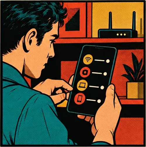 Panel 5: A list of nearby devices on the phone, a Wi-Fi router behind