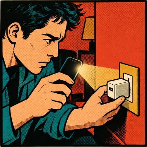 Panel 6: Checking a USB wall charger up close with the flashlight