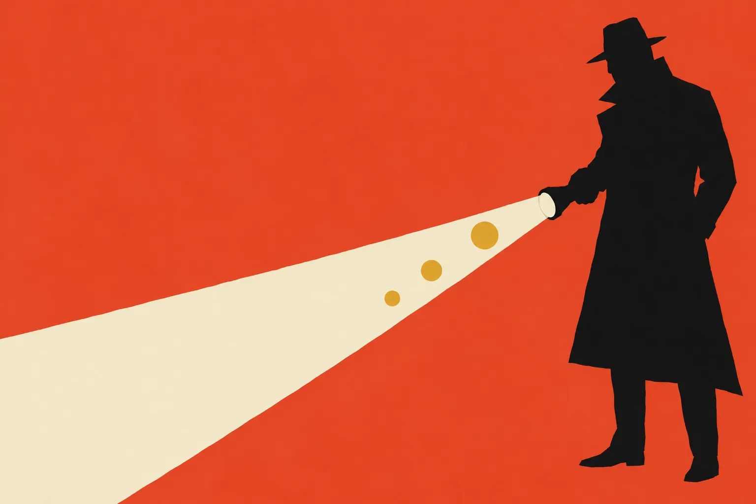 Cut-paper silhouette of a spy in a fedora and trench coat shining a flashlight